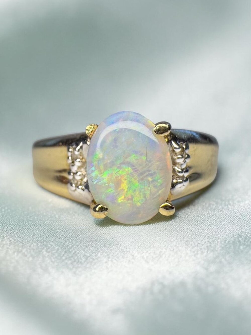 10K Gold Natural Rainbow Opal & Diamond Ring -Size 7- Australian White Opal Ring